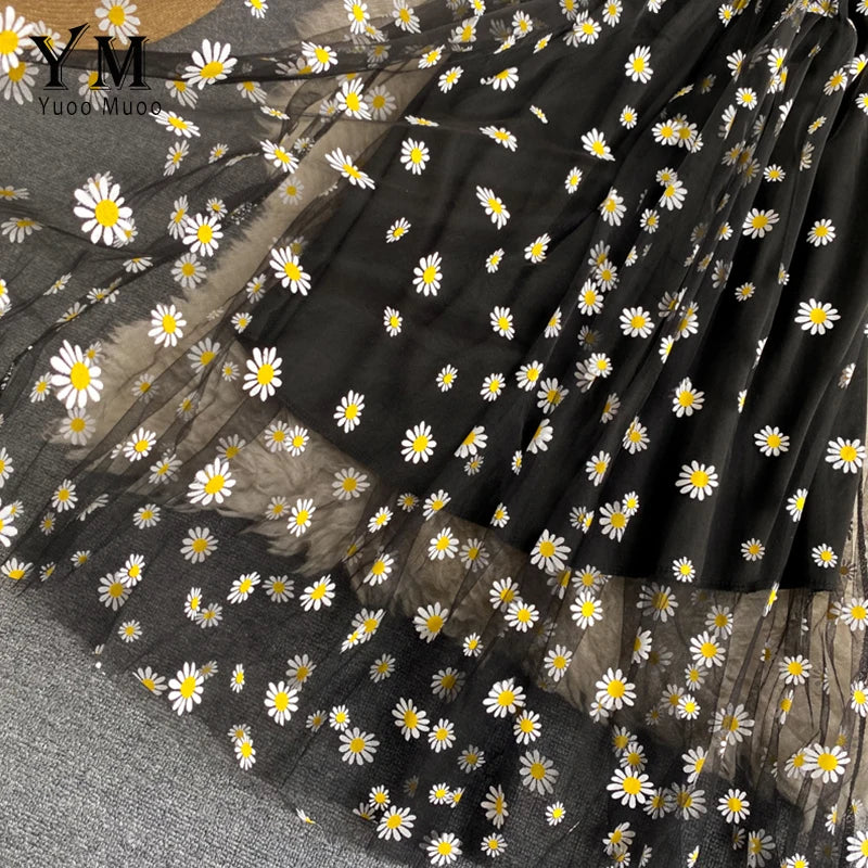 YuooMuoo Korean Fashion Daisy Flower Print Mesh Party Dress Summer Two Layers Spaghetti Strap Vacation Midi Dress Beach Vestidos - Smarsty