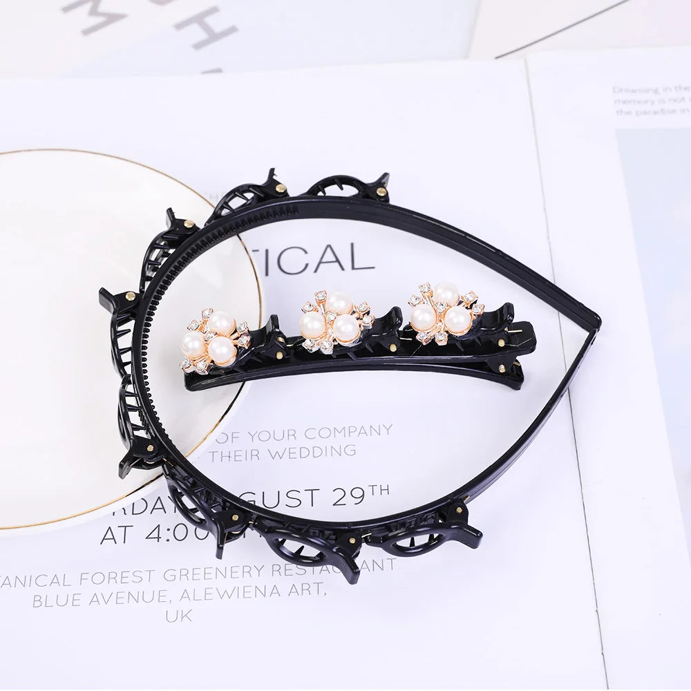 Double Layer Braided Headband With Pearl Accent Comfortable - Smarsty