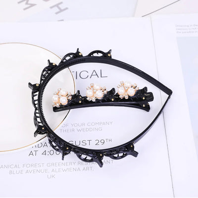 Double Layer Braided Headband With Pearl Accent Comfortable - Smarsty