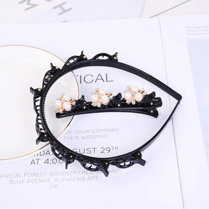 Double Layer Braided Headband With Pearl Accent Comfortable - Smarsty