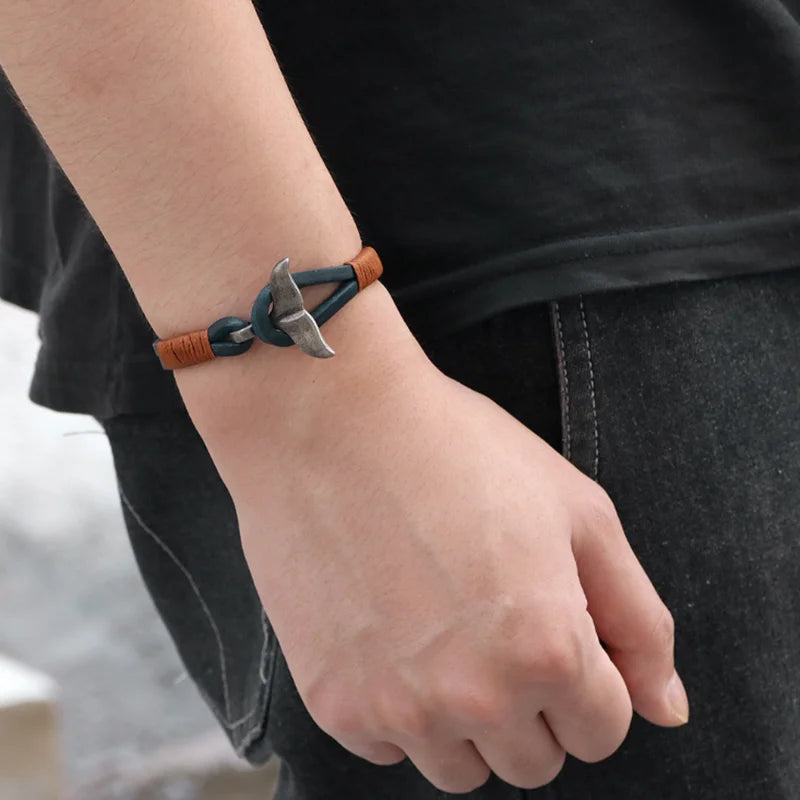 Vintage Leather Whale Tail Bracelet Beach Jewelry for Men Women - Smarsty