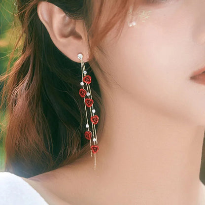 Red Rose Drop Earrings for Women Vintage Rhinestone Design - Smarsty