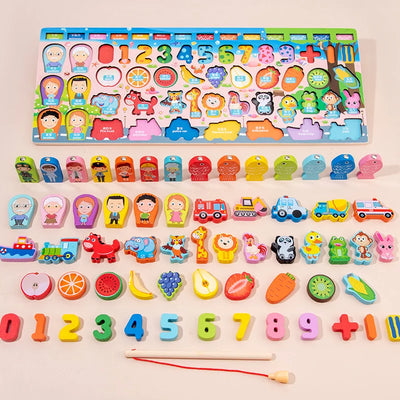 3D Preschool Children Educational Toys Wooden Montessori Arithmetic Magnetic Fishing Digital Shape Matching Building Block Toys - Smarsty