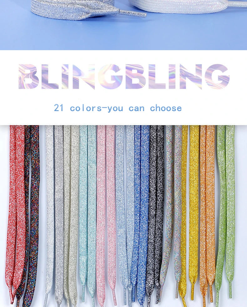 1Pair Fashion Glitter Shoelaces Colorful Flat Shoe laces for Athletic Running Sneakers Shoes Boot 1CM Width Shoelace Strings