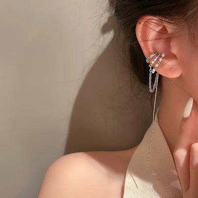 Silver Crystal Tassel Non Piercing Ear Cuff Clip Earrings - Smarsty