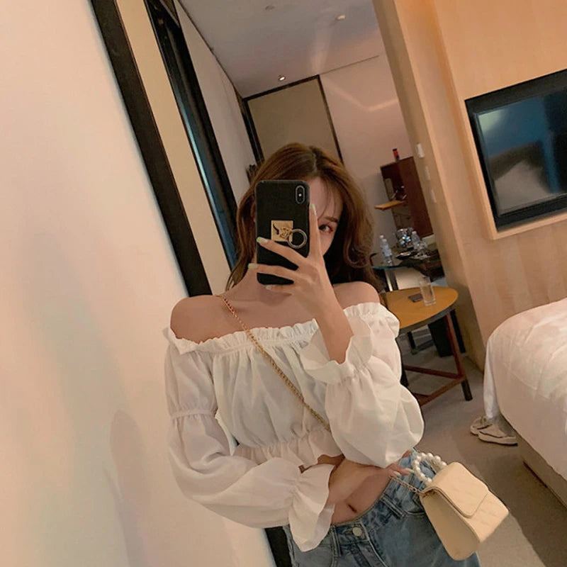 Women Top Sexy Blouse Off Shoulder Top Long Sleeve Solid Color White Shirt Puff Sleeve Ruffle Tunic Crop Top Summer Tube Top - Smarsty