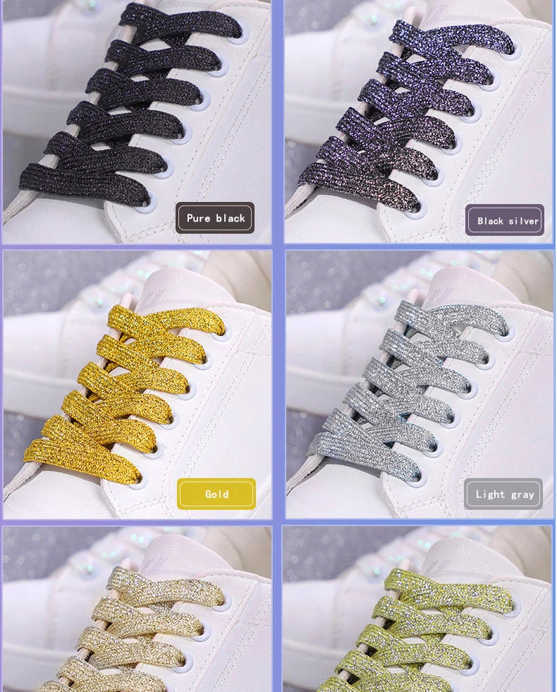 1Pair Fashion Glitter Shoelaces Colorful Flat Shoe laces for Athletic Running Sneakers Shoes Boot 1CM Width Shoelace Strings