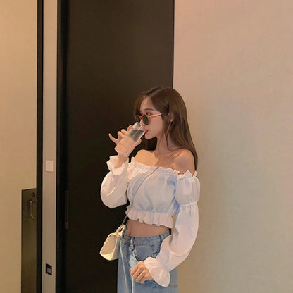 Women Top Sexy Blouse Off Shoulder Top Long Sleeve Solid Color White Shirt Puff Sleeve Ruffle Tunic Crop Top Summer Tube Top - Smarsty