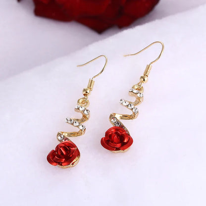 Red Rose Drop Earrings for Women Vintage Rhinestone Design - Smarsty