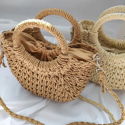 Summer Handmade Straw Bag for Women Beach Tote Moon Shaped - Smarsty