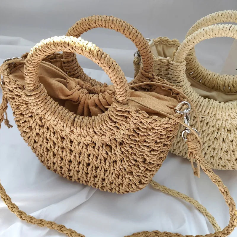 Summer Handmade Straw Bag for Women Beach Tote Moon Shaped - Smarsty