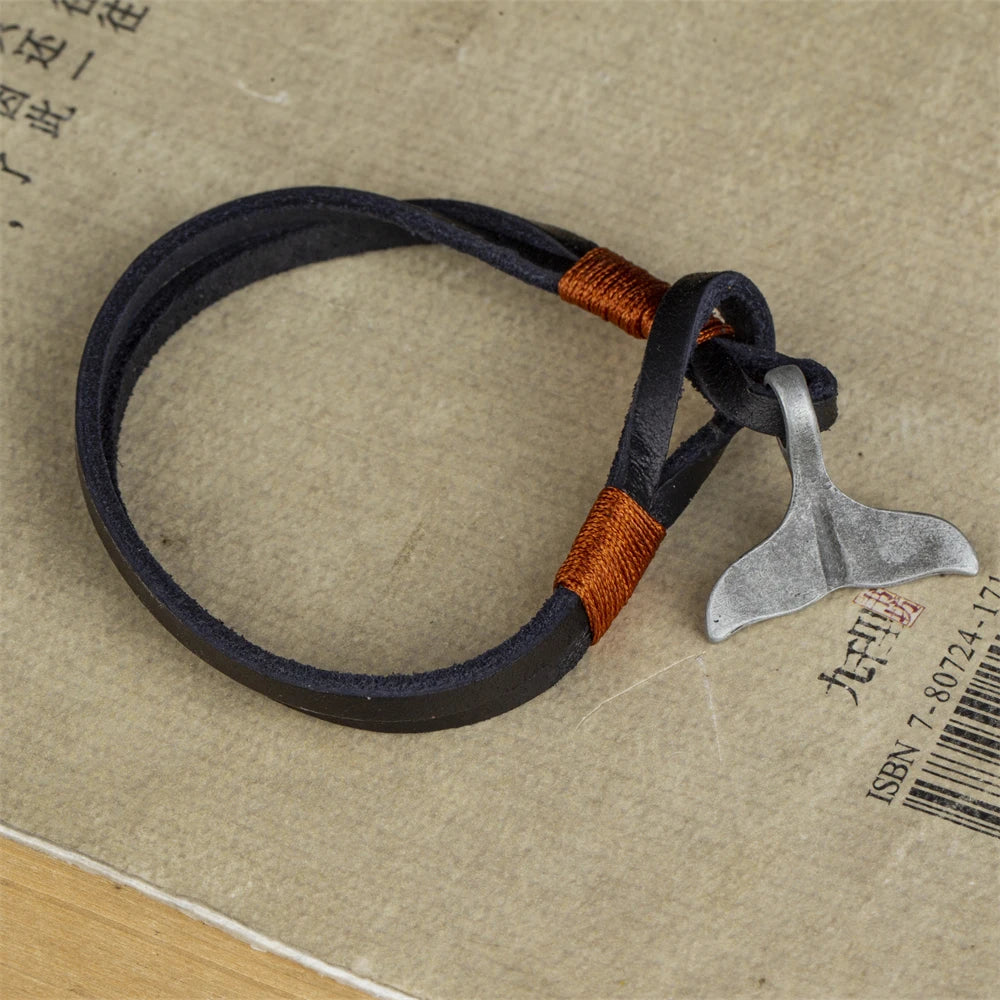 Vintage Leather Whale Tail Bracelet Beach Jewelry for Men Women - Smarsty