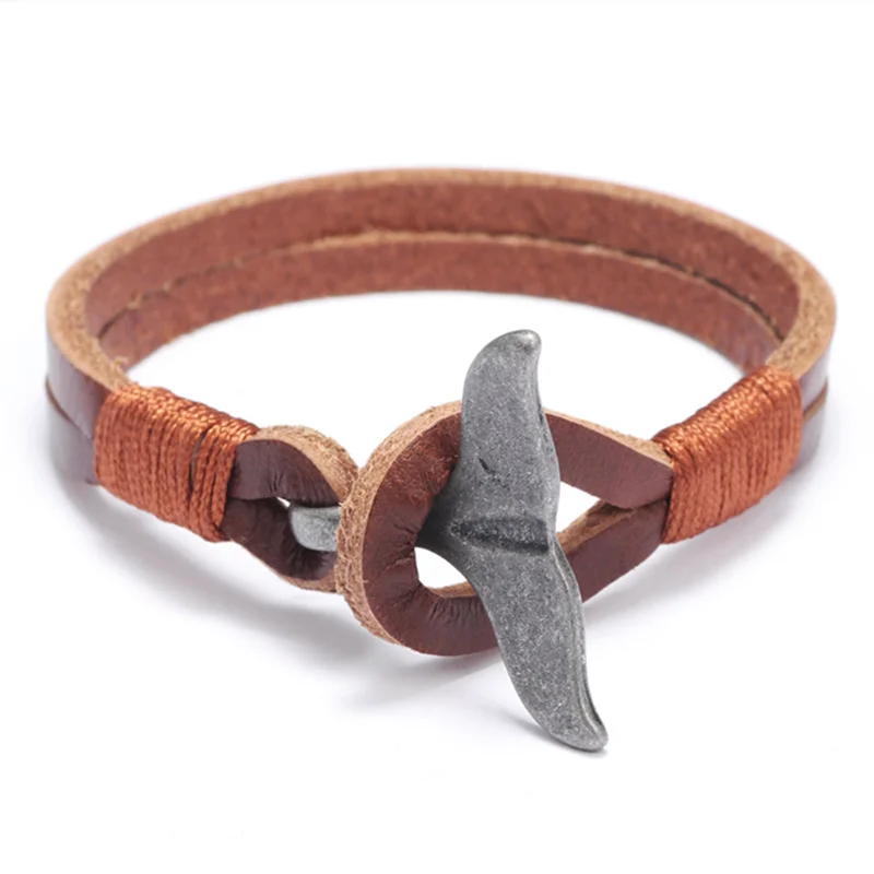 Vintage Leather Whale Tail Bracelet Beach Jewelry for Men Women - Smarsty
