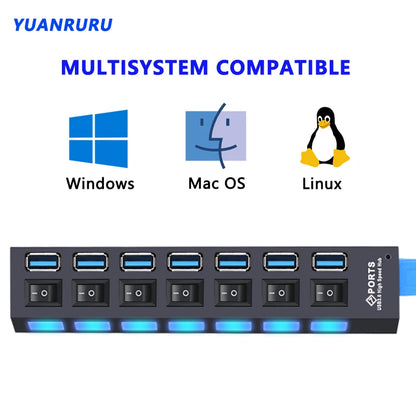 USB Hub 3.0 With Power Switch 7 Port Expansion Pro