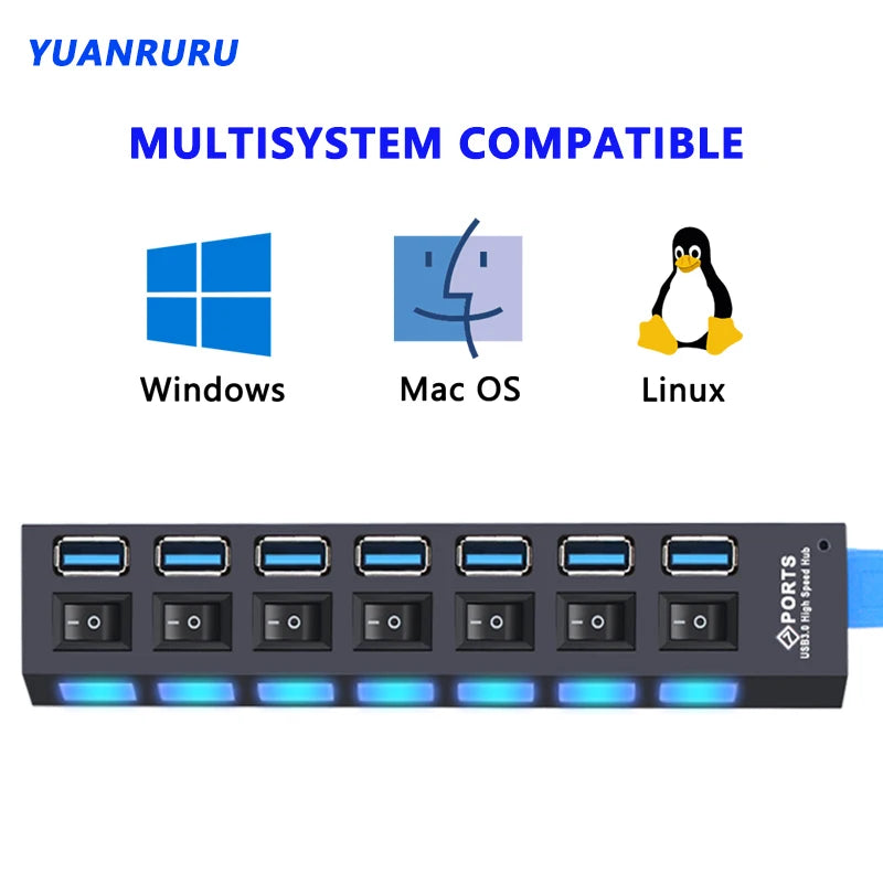 USB Hub 3.0 With Power Switch 7 Port Expansion Pro