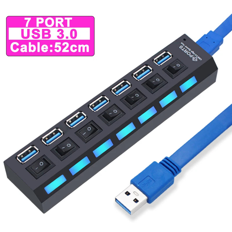 USB Hub 3.0 With Power Switch 7 Port Expansion Pro