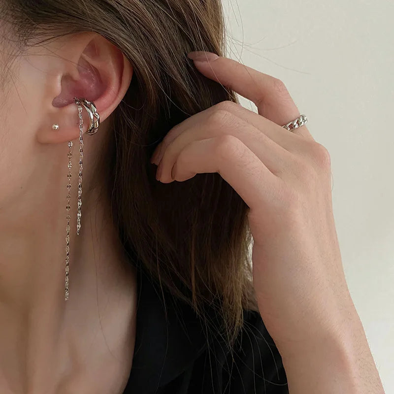 Zircon C Shape Long Tassel Ear Cuffs No Piercing Earrings - Smarsty