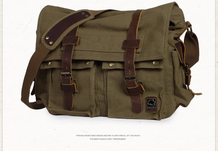 Vintage Leather Canvas Messenger Bag Unisex Crossbody - Smarsty