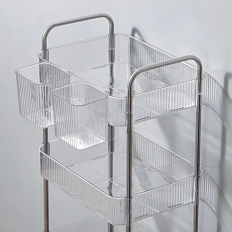 3/4 Layer Rolling Trolley Storage Rack Movable Trolley With Hanging Basket Bathroom Storage Makeup Snack Organizer Transparent