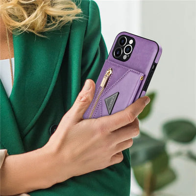 Zipper Wallet Phone Case For iPhone 14 13 12 11 X XS XR Leather Card Back Crossbody Strap Leather Magnetic Wallet Phone Case by Smarsty