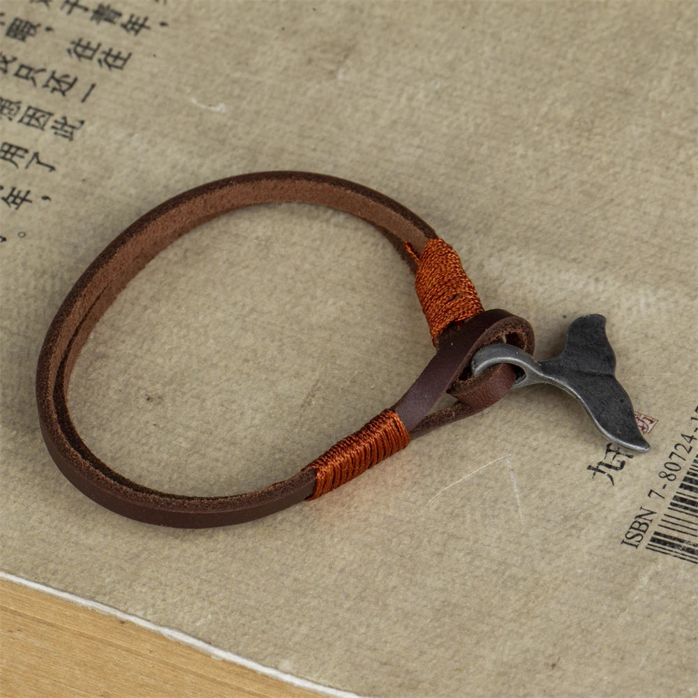 Vintage Leather Whale Tail Bracelet Beach Jewelry for Men Women - Smarsty