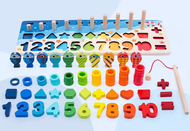 3D Preschool Children Educational Toys Wooden Montessori Arithmetic Magnetic Fishing Digital Shape Matching Building Block Toys - Smarsty