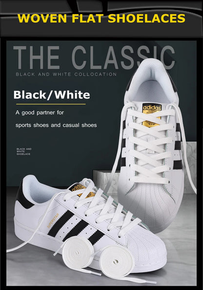 1 Pair Black White Shoe Laces Flat Double Woven Anti-slip Polyester Shoelaces Sports Casual White Shoes Classic Shoelace - Smarsty