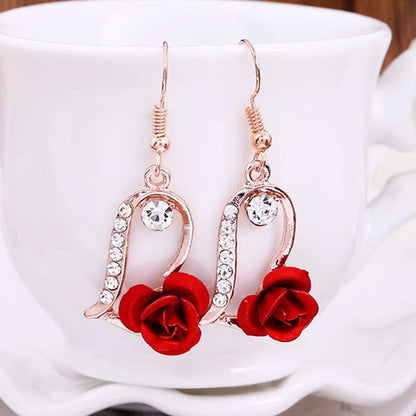 Red Rose Drop Earrings for Women Vintage Rhinestone Design - Smarsty