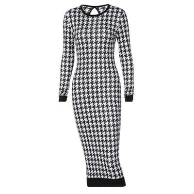 Houndstooth Print Women Long Sleeve Midi Dress Hollow Out Bodycon Sexy Streetwear 2022 Autumn Winter Club Elegant Slim - Smarsty
