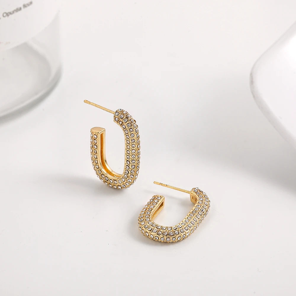 Gold Plated CZ Huggie Hoop Earrings Geometric U Shape - Smarsty