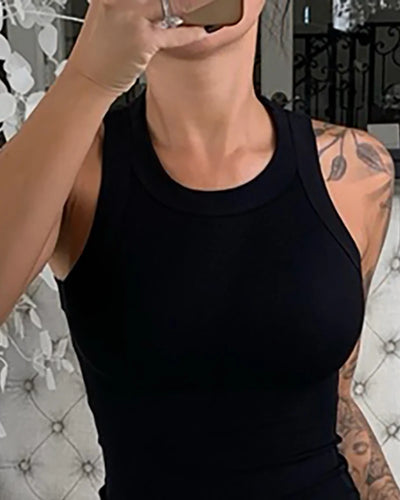 Women Solid Round Neck Ribbed Tank Top Camisole Women Summer Basic Elastic Tank Top O Neck Solid Tank Top - Smarsty