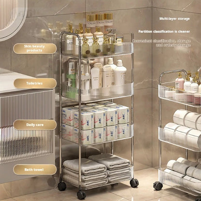 3/4 Layer Rolling Trolley Storage Rack Movable Trolley With Hanging Basket Bathroom Storage Makeup Snack Organizer Transparent