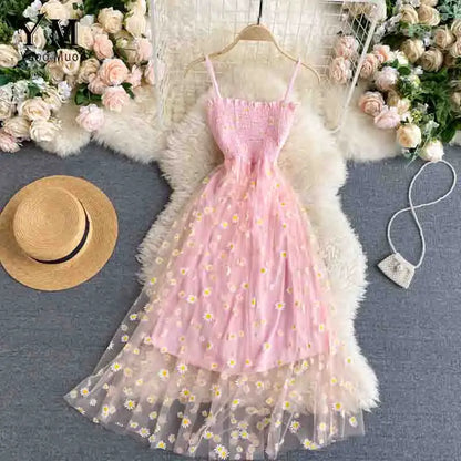YuooMuoo Korean Fashion Daisy Flower Print Mesh Party Dress Summer Two Layers Spaghetti Strap Vacation Midi Dress Beach Vestidos - Smarsty