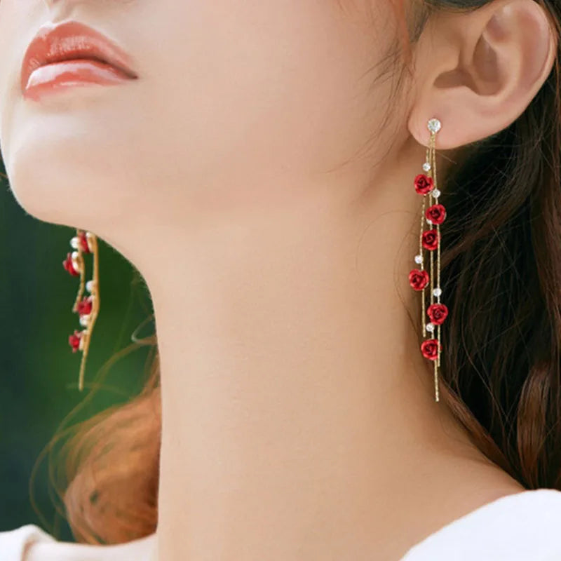 Red Rose Drop Earrings for Women Vintage Rhinestone Design - Smarsty