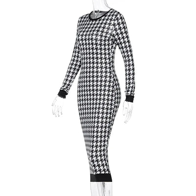 Houndstooth Print Women Long Sleeve Midi Dress Hollow Out Bodycon Sexy Streetwear 2022 Autumn Winter Club Elegant Slim - Smarsty