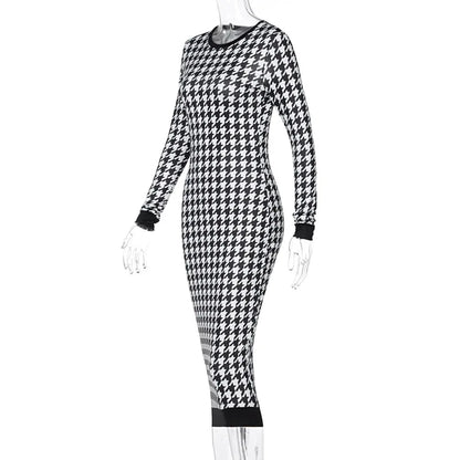 Houndstooth Print Women Long Sleeve Midi Dress Hollow Out Bodycon Sexy Streetwear 2022 Autumn Winter Club Elegant Slim - Smarsty