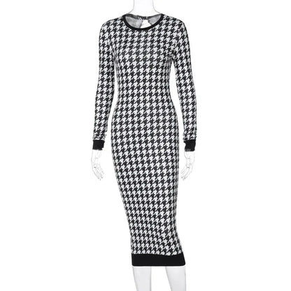 Houndstooth Print Women Long Sleeve Midi Dress Hollow Out Bodycon Sexy Streetwear 2022 Autumn Winter Club Elegant Slim - Smarsty