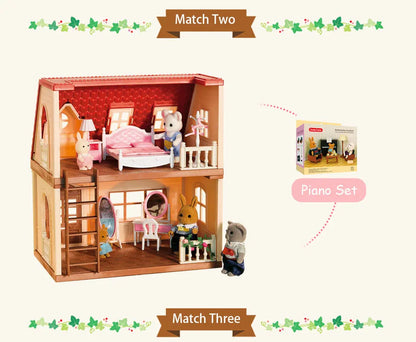 Simulation Kitchen Forest Family Small House Double Three- Story Villa Reindeer  Animal Model Girl Dollhouse Furniture Toy Gifts