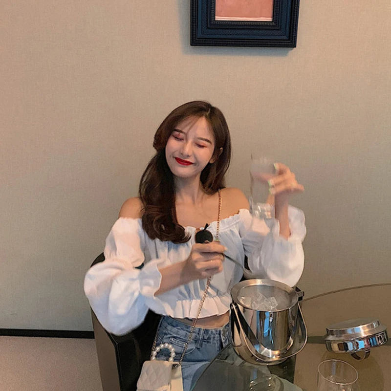 Women Top Sexy Blouse Off Shoulder Top Long Sleeve Solid Color White Shirt Puff Sleeve Ruffle Tunic Crop Top Summer Tube Top - Smarsty