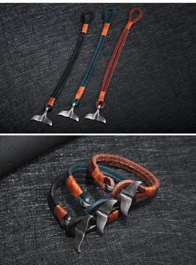 Vintage Leather Whale Tail Bracelet Beach Jewelry for Men Women - Smarsty