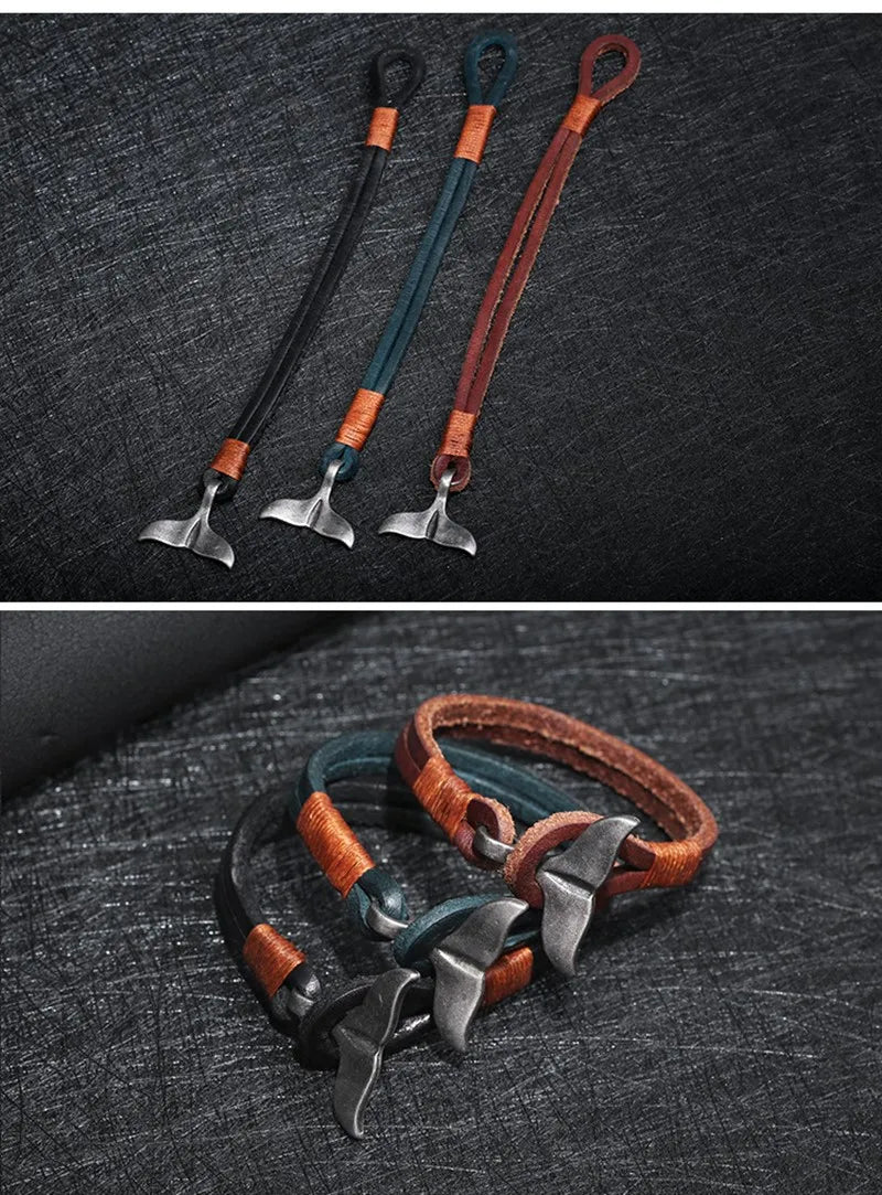 Vintage Leather Whale Tail Bracelet Beach Jewelry for Men Women - Smarsty