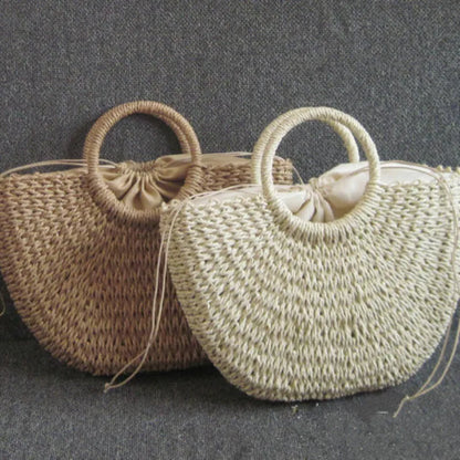 Summer Handmade Straw Bag for Women Beach Tote Moon Shaped - Smarsty