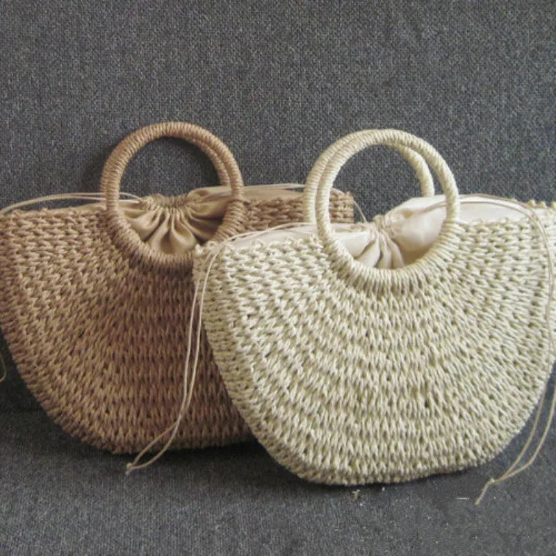 Summer Handmade Straw Bag for Women Beach Tote Moon Shaped - Smarsty