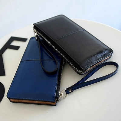 Women's Vintage Oil Wax PU Leather Clutch Wallet Female Large Capacity Phone Purse Ladies Wristband Simple Card Holder Pouch Bag - Smarsty