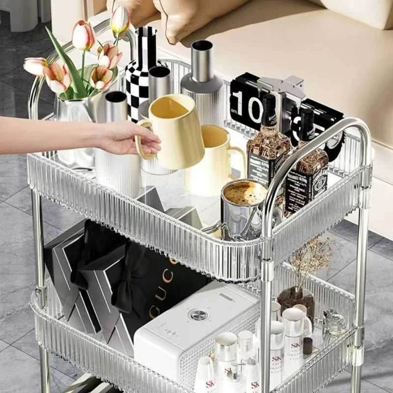 3/4 Layer Rolling Trolley Storage Rack Movable Trolley With Hanging Basket Bathroom Storage Makeup Snack Organizer Transparent