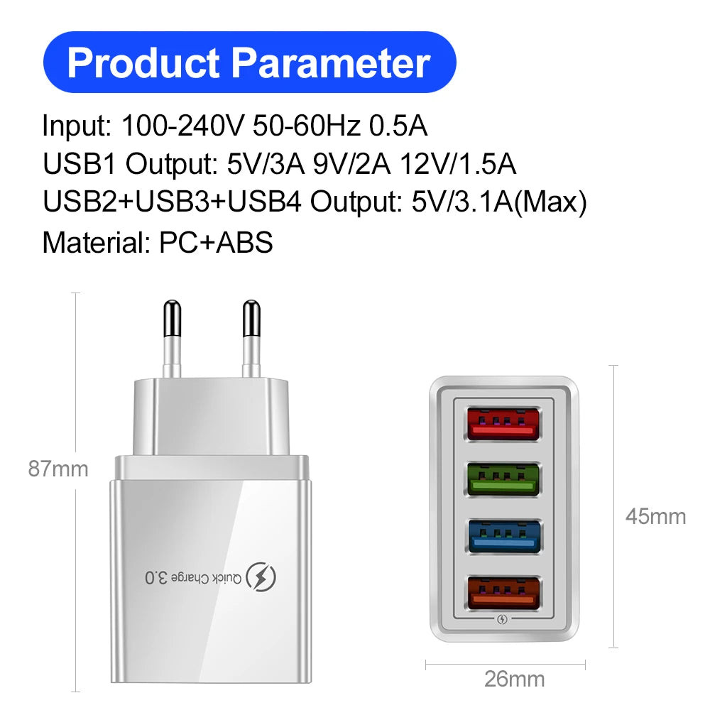 4 Port USB Quick Charge 3.0 Wall Charger EU Connector - Smarsty