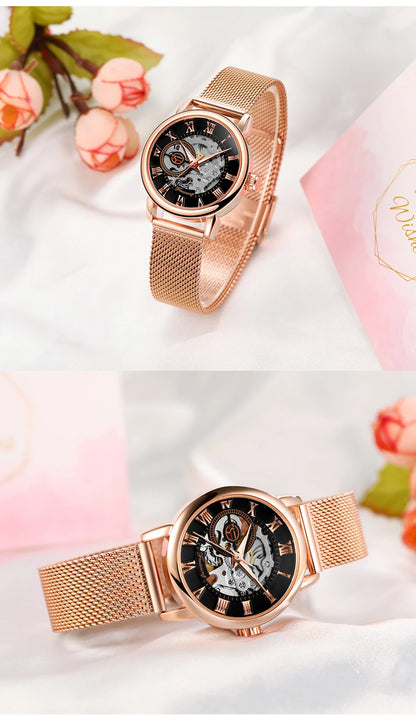 Fashionable Women's Mechanical Automatic Watch with Mesh Strap - Smarsty
