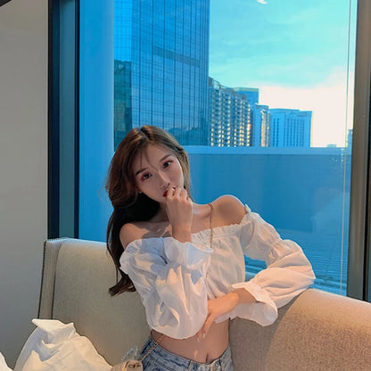 Women Top Sexy Blouse Off Shoulder Top Long Sleeve Solid Color White Shirt Puff Sleeve Ruffle Tunic Crop Top Summer Tube Top - Smarsty