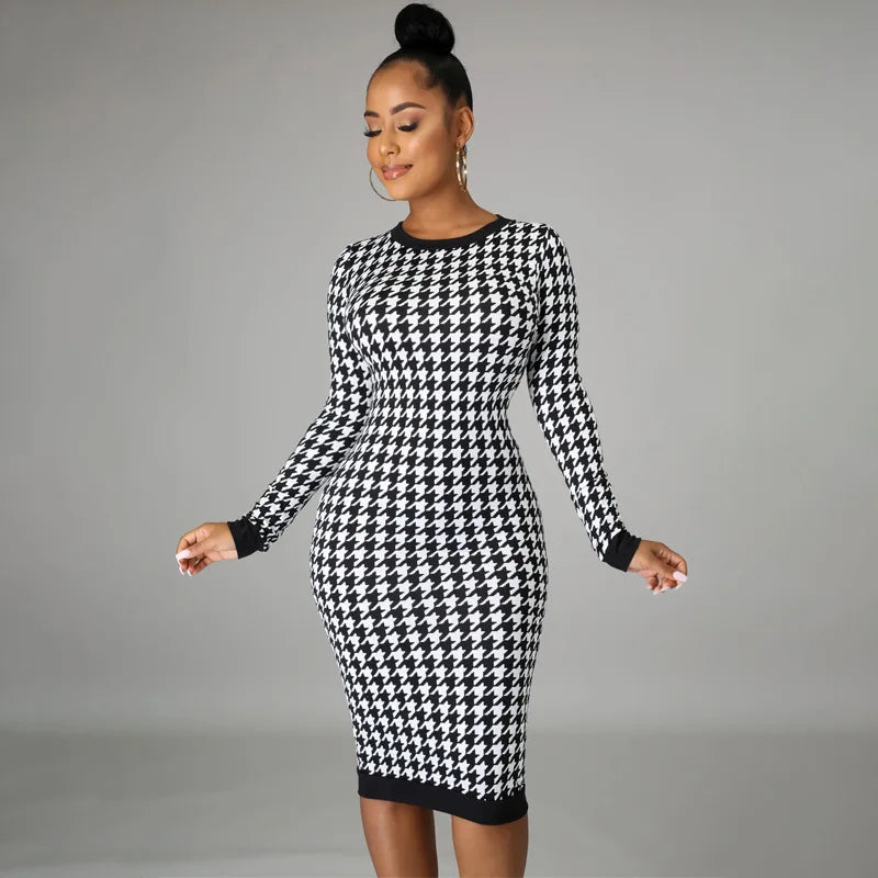 Houndstooth Print Women Long Sleeve Midi Dress Hollow Out Bodycon Sexy Streetwear 2022 Autumn Winter Club Elegant Slim - Smarsty