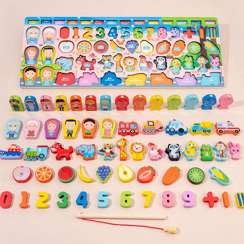 3D Preschool Children Educational Toys Wooden Montessori Arithmetic Magnetic Fishing Digital Shape Matching Building Block Toys - Smarsty